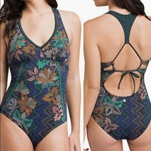PrAna Khari One-Piece Swimsuit Blue Pattern NWOT XS Modest Resortwear Vacation
